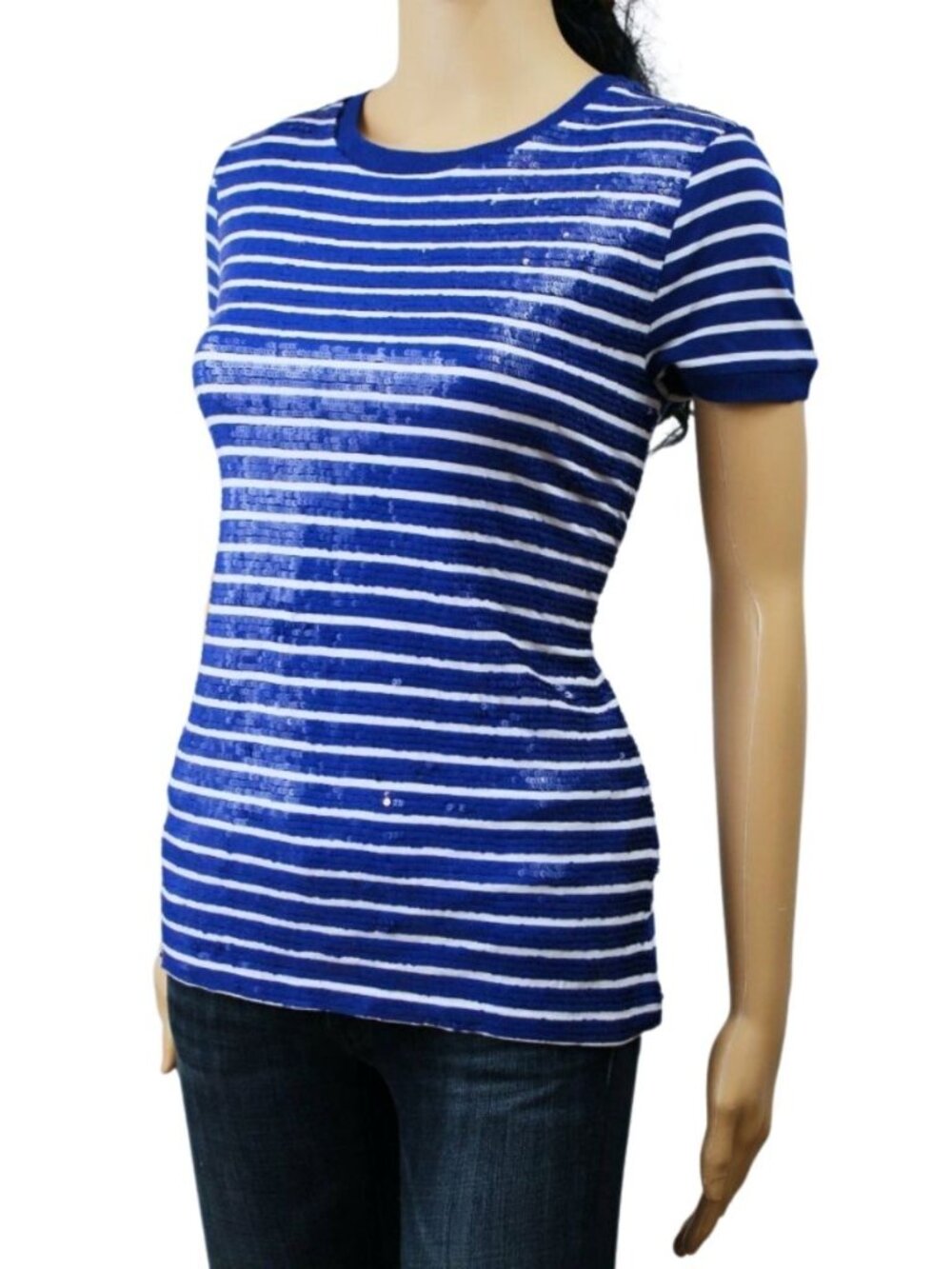 NWT Lauren Ralph Lauren Striped Sequin Short Sleeve Tee Top Blue White